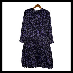 Vintage Maggy London Silk Bubble Hem Dress Purple Black Long Sleeve 80s 90s 8